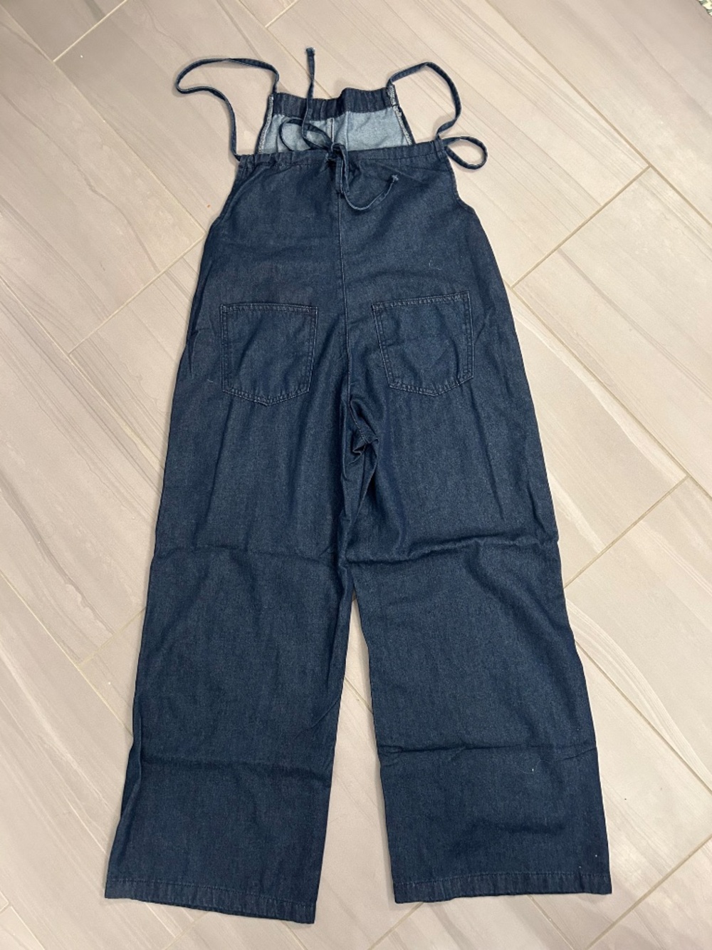 Wide-leg dark denim jumpsuit, size large